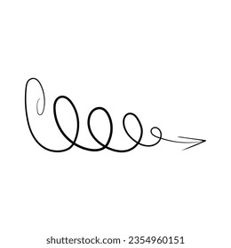 Vector black arrow doodle style isolated icon on white background. Curly, swirl pointer design element. Navigation sign. Layout brush arrow.