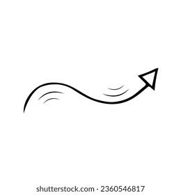 Vector black arrow doodle style isolated icon on white background. Curved wave pointer design element. Navigation sign. Layout brush arrow.
