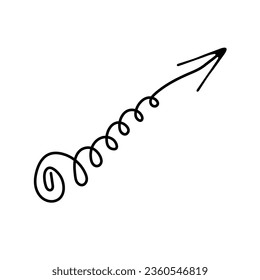 Vector black arrow doodle style isolated icon on white background. Curly, swirl pointer design element. Navigation sign. Layout brush arrow.