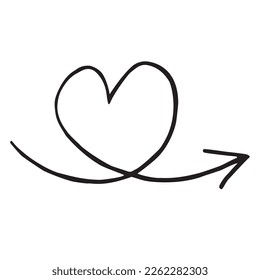 Vector black arrow heart doodle style isolated on white background. Right pointer hand drawn illustration