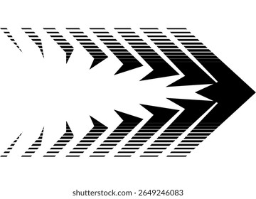 Vector flecha negra sobre un fondo blanco. Patrón de rayas de carreras para una carrocería de coche, barco, ropa deportiva, juguete, motocicleta. Elemento de diseño de Vector. Apliques de carreras. Medio tono.