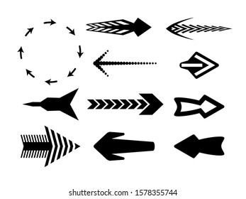 Vector black arrows of various kinds, icons. For business design, infographics. Monochrome pointers. Isolated light background.