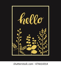 vector black autumn background with gold leaves and hand drawn word hello in a frame