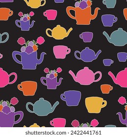 Vector black background bright garden tea party elements seamless pattern perfect for invitations, high tea, kitchen tea, paper plates, scrapbooking, fabric, parties