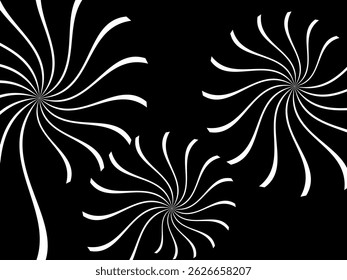 Vector black background with curly white lines. Black background with white ornaments with abstract circular lines.