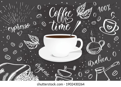 Vector black background with doodle sketch illustration of coffee beans, beverage details for cafe menu.