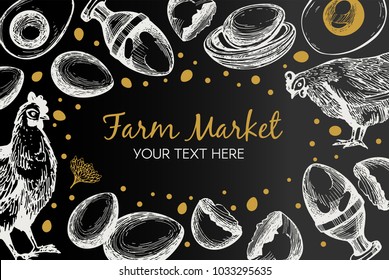 Vector black background with eggs and chicken. 