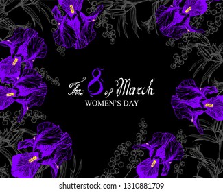 vector black background flowers composition frame with irises, lilies and mimosa