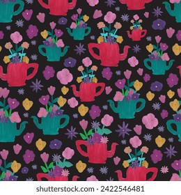 vector black background hand painted garden tea party elements seamless pattern perfect for wrapping paper, invitations, high tea, paper plates, napkins, stationary, wallpaper, projects, fabric