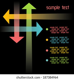 Vector black background with intersecting color arrows. Abstract illustration for web, print template with text box. Simple concept