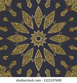 Vector black background with Luxury Gold glitter mandala glitter in ethnic style. Decorative vintage ornament.  Oriental circular golden pattern. Arabic, Islamic, moroccan, asian, indian native motifs