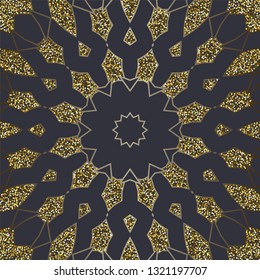 Vector black background with Luxury Gold glitter mandala glitter in ethnic style. Decorative vintage ornament.  Oriental circular golden pattern. Arabic, Islamic, moroccan, asian, indian native motifs