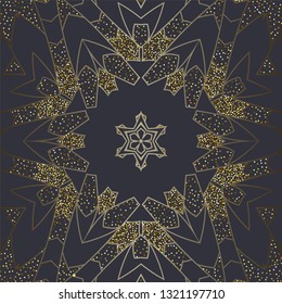 Vector black background with Luxury Gold glitter mandala glitter in ethnic style. Decorative vintage ornament.  Oriental circular golden pattern. Arabic, Islamic, moroccan, asian, indian native motifs