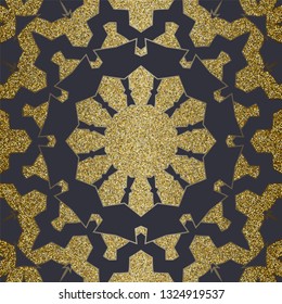 Vector black background with Luxury Gold glitter mandala glitter in ethnic style. Decorative vintage ornament.  Oriental circular golden pattern. Arabic, Islamic, moroccan, asian, indian native motifs