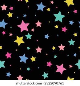 Vector Black Background Multi Color Stars Seamless Pattern Background.  Perfect for fabric, scrapbooking, wall paper projects and paper products.