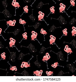 Vector black background with pink flamingos. Liner art design fabric print fusion