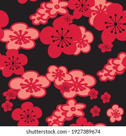 Vector black background pink red cherry blossoms flower. seamless pattern background.