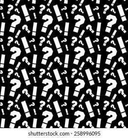 Vector black background with question and exclamation marks. Basic pattern. Extensive use - www, webside, web, backdrop, card, poster, label etc. Eps 10 vector file. 