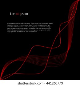 Vector black background with red curved oblique lines for design magazines and leaflets.
