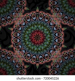 Vector black background with red, pink and green elements for your creativity. Seamless luxury motley patern with triangular scales.