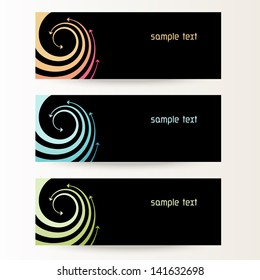 Vector black background with wave of color twisted arrows. Brochure template with text box. Set of abstract cards with concept of movement. Banners with simple decorative design element for print, web