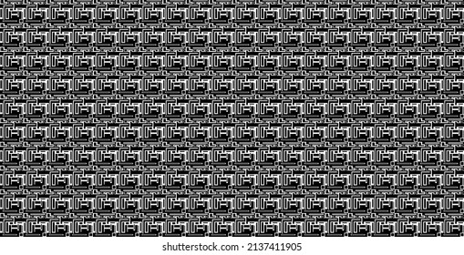 Vector black background. White lines, squares and rectangles filled with smaller ones, copying in black. Intricate seamless pattern.