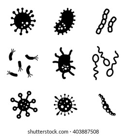 Vector black bacteria icons set. Bacteria, superbug, virus. Microbes. Pathogen