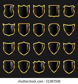 Vector black badges or shields with gold borders suitable for use in heraldry or design layouts. JPG and TIFF image versions of this vector illustration are also available in my portfolio.