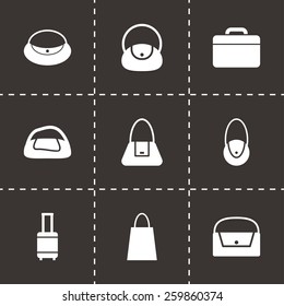 Vector black bag icon set on black background. 