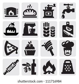 vector black bakery icons set on gray