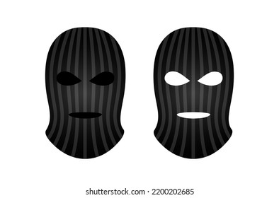 Vector black balaclava mask isolated on white background. Bandit striped canvas mask template. Police uniform SWAT. Military anonymous head hat. Robbery equipment. Mafia realistic sign. Spy textile