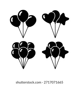 Conjunto de iconos de globo negro de Vector. Paquete de celebración, fiesta y silueta de cumpleaños con varias Formas (corazón, estrella). Colección gráfica de decoración festiva. 