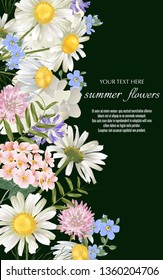 Vector black banner with Luxurious wildflowers for invitation, sales, packaging, natural cosmetics, perfume. Space for text.