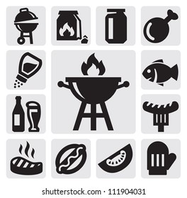 vector black barbecue icons set on gray