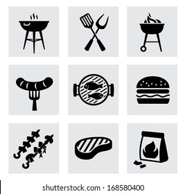 vector black barbecue icons set on gray