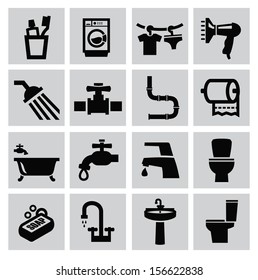 vector black bathroom icons sey on gray