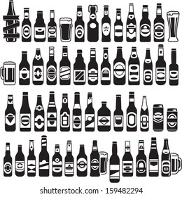 Vector black beer bottles icons set. Beer can.