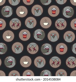 Vector black and beige funny pigeons drinking coffee seamless pattern. Ideal for city life and pigeon lovers. Perfect for fabric, wallpaper, scrapbooking and stationery.