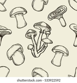 Vector black and beige ink seamless pattern with artistically drawn mushrooms. Modern illustration. Can be used for wallpaper, pattern fills, web page, surface textures, textile print, wrapping paper.