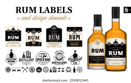 Vector black and beige premium quality rum labels. Realistic rum glass bottle mockups