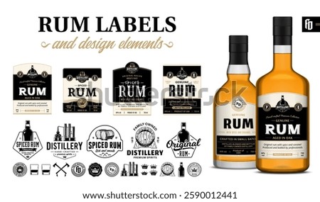 Vector black and beige premium quality rum labels. Realistic rum glass bottle mockups