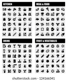 vector black beverage, food, kitchen icons set on gray