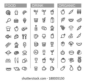 vector black beverage, food, kitchen icons set