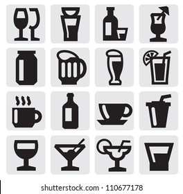 vector black beverage icons set on gray