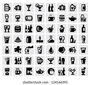 vector black beverage icons set on gray