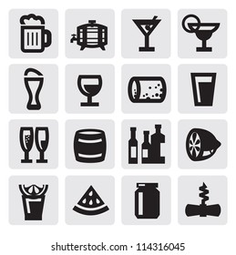 vector black beverages icons set on gray