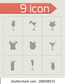 Vector black beverages icons set on grey background