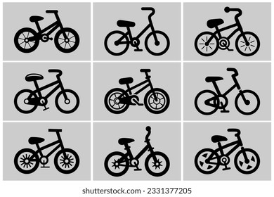 Vector Black Bicycle Icon Set. Simple Minimalistic Vector Bike Icon Collection. Cycling Sign, Bicycle Shape Isolated. Trendy Flat Bike Design Elements for Logo, Web, Social Media, UI, App. Side View
