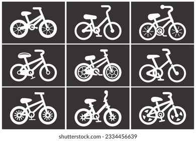 Vector Black Bicycle Icon Set. Simple Minimalistic Vector Bike Icon Collection. Cycling Sign, Bicycle Shape Isolated. Trendy Flat Bike Design Elements for Logo, Web, Social Media, UI, App. Side View