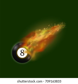 Vector Black Billiard Ball on Fire Flame Isolated on Green Background